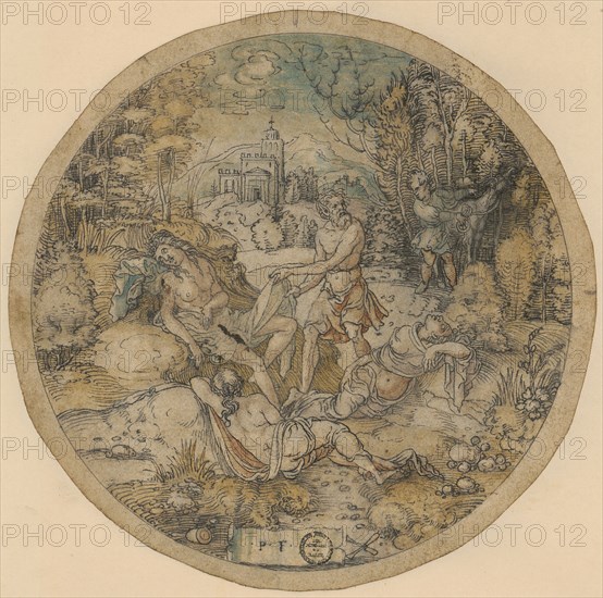 Priapus and Lotis, after 1540, feather in black, light green, blue and red watercolored, round cut out, page: 13.4 cm (diam.) |, Image: 12.3 cm (Dm.), U. M. monogrammed with pen in black: .P.F ., l, ., next to it Klöpfel, r., next to it two crossed balusters, Peter Flötner, Thurgau um 1485–1546 Nürnberg