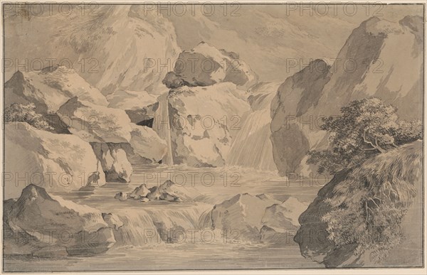 Waterfall at Salomon Gessner's Sommerklause, pencil, brush in gray, washed, sheet: 20.7 x 32.3 cm, unsigned, Adrian Zingg, St. Gallen 1734–1816 Leipzig