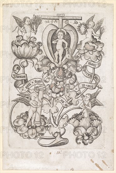 The Christ Child in the Heart, 1461, copperplate, plate: 15.9 x 11.2 cm, dated and monogrammed below the crossbeam: 1461., E. S ., in the banner: whoever is in a heart of hearts [g] t that all citations are eternal froed over, Meister E.S., tätig um 1450–1467