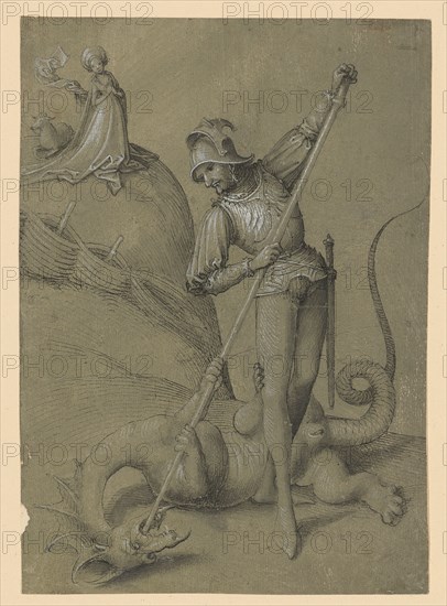 The hl., Georg on foot in the battle of the dragons, c. 1490, pen in black, gray washed, heightened in white, on green primed paper, reverse side laminated with Japanese paper, page: 17.9 x 12.7 cm, unsigned, Anonym, Schwaben, um 1490