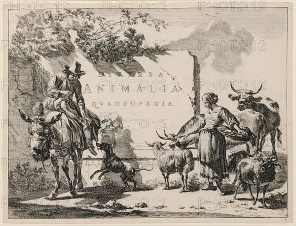 Title page of the episode DIVERSA ANIMALIA QUADRUPEDIA, 1657-1658, etching, copperplate, page: 29.6 x 39 cm |, Top: slab edge trimmed, signed in lower left corner: C Berghem Inv., J. Visscher fecit, r., u, ., numbered: 1, Nicolaes (Claes Pietersz.) Berchem, Zeichner, Haarlem 1620–1683 Amsterdam, Jan (Johannes) de Visscher, Stecher, Amsterdam um 1636–nach 1692