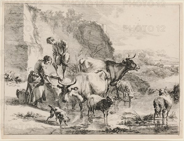 Washer and shepherd boy by the river, 1657-1658, etching, copperplate, sheet: 29.8 x 39.5 cm |, Plate: 30.3 x 39.2 cm (edge of plate trimmed), in plate o. L., signed: Berghem f., Johan de Visscher aqua for ., u, ., r., numbered: 2, Nicolaes (Claes Pietersz.) Berchem, Zeichner, Haarlem 1620–1683 Amsterdam, Jan (Johannes) de Visscher, Stecher, Amsterdam um 1636–nach 1692