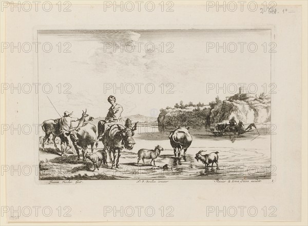 Shepherd's piece on the river, etching, plate: 15.3 x 23.2 cm, in the plate u., l, ., signed: Joannes Visscher fecit ., u, ., M. denotes: N: P. Bechem inventor, u, ., r., Inscribed: Reinier, Nicolaes (Claes Pietersz.) Berchem, Zeichner, Haarlem 1620–1683 Amsterdam, Jan (Johannes) de Visscher, Stecher, Amsterdam um 1636–nach 1692