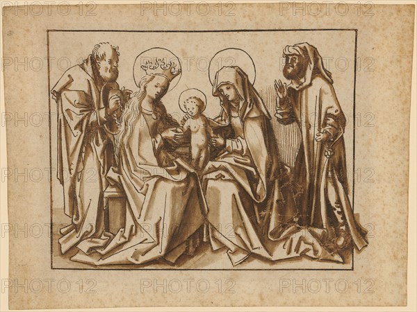 The sacred clan (Anna Selbdritt with Joseph and Joachim), c. 1500, pen in brown, brown washed, sheet: 15.9 x 20.8 cm, 21.5 |, Picture: 12.6 x 16 cm, Not marked, Hans Holbein d. Ä., (Werkstatt / workshop), Augsburg um 1460/65–1524