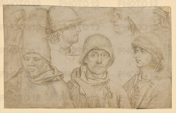 Sketchbook sheet with head and figure studies, recto: five male heads or bust pictures and sketches of a woman in profile (top left) and a man (top right), c. 1500, silver pencil, on greyish-brown primed paper, page: 11.8 x 19.1 cm, unmarked, Anonym, Deutschland (Westfalen), um 1500