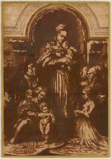Copy after Hans Holbein's Madonna of the Mayor Meyer, pen and brush in brown and yellow-brown, Covered all over and provided with a gold frame, leaf: 28.9 x 19.9 cm, Jan de Bisschop, Amsterdam 1628–1671 Den Haag
