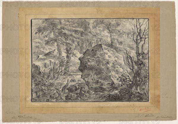 Rocky forest landscape near Fluntern (Zurich), after 1789, charcoal on Vergé, several times framed in black with pen, mounted on backing paper, Carrier paper on the upper edge of the sheet mounted on additional, brown backing paper, Sheet: 26.2, 27 x 37.7 cm /38.1, In the illustration u., l, ., monogrammed with pen: J.C.H. f, Johann Kaspar Huber, Glattfelden/Zürich 1752–1827 Zürich