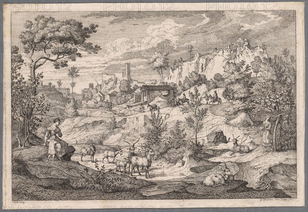 Serpentine landscape near Olevano with goatherds and donkey drivers, 1821, etching, sheet: 19.2 x 28.3 cm |, Plate: 19.2 x 28 cm, in the plate u., l, ., designated., J. Koch diseg ., u, ., r., designated: F. Grospietsch incis., Roma 1821, Joseph Anton Koch, Zeichner, Obergiblen bei Elbigenalp (Lechtal) 1768–1839 Rom, Florian Grosspietsch, Radierer, 1789–1841