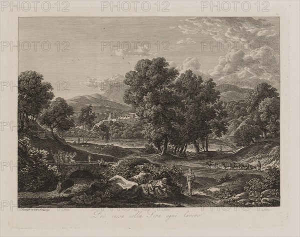 Poi cessa colla sera ogni lavoro, 1792, etching on handmade paper (wove paper), folia: 38.4 x 47.3 cm |, Plate: 28.1 x 35.9 cm, in the plate u., l, ., designated and dated: C Reinhart inv et fec Romae 1792, u, ., M. inscribed: Poi cessa colla Sera ogni lavoro, Johann Christian Reinhart, Hof (Bayern) 1761–1847 Rom