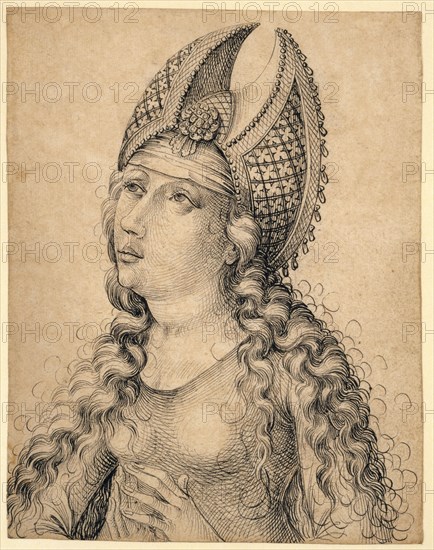 Half-length portrait of a woman looking up, to the left, c. 1470/80, pen in black, page: 18.6 x 14.5 cm, unsigned, Anonym, Oberrhein (Elsass), um 1470/80