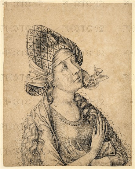 Half-length portrait of a woman looking up, to the right, c. 1470/80, pen in black, page: 18.4 x 14.4 cm, unsigned, Anonym, Oberrhein (Elsass), um 1470/80