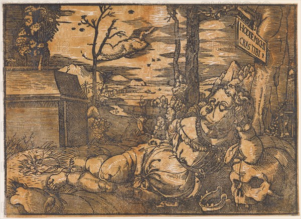 Sleeping Putto and Death (Vanitas Allegory), chiaroscuro woodcut of two panels (black and red orange), folia: 23.5 x 32.2 cm, O. r., inscribed on the board: HODIE MICHI, CRAS TIBI, Anonym, Deutschland, 16. Jh.