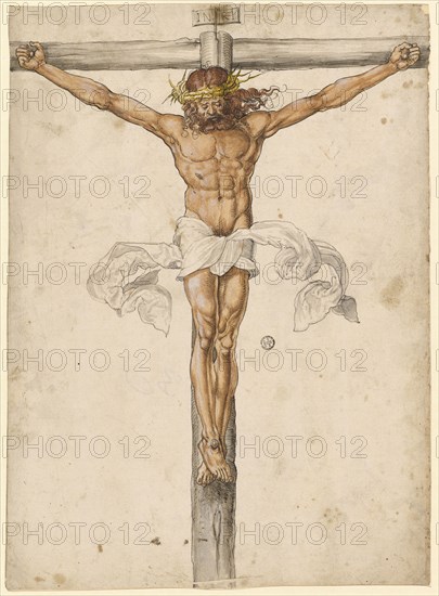 Christ on the Cross, pen in black, watercoloured, on thin, fine-fingered paper, sheet: 31 x 22.5 cm, O. inscribed on the inscription on the cross: I N R I, Albrecht Dürer, (Kopie nach / copy after), Nürnberg 1471–1528 Nürnberg
