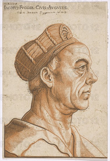 Portrait of Jakob Fugger, c. 1511, chiaroscuro woodcut of two plates (rust-red and black), page: 21.3 x 14.3 cm, O. l., designated: IACOBUS.FUGGER.CIVIS.AVGVSTAE., Hans Burgkmair d. Ä., Augsburg 1473–1531 Augsburg