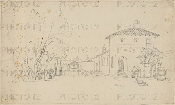 Italian homestead with shy and chopping people under the trees, pencil and pen, mounted on backing paper, sheet: 20.3 x 34 cm, under the illustration r., Signed in pencil: sheet metal, Carl Blechen, Cottbus 1798–1840 Berlin