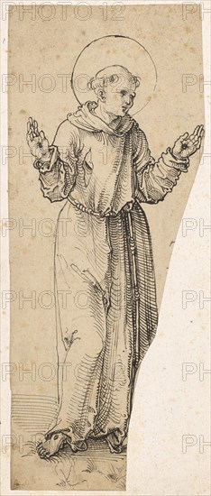 Saint Francis, standing, with outstretched arms, pen in black, Journal: 27.9 x 6.6 cm /11.2 cm, Not marked, Albrecht Dürer, (Umkreis / circle), Nürnberg 1471–1528 Nürnberg, Benedikt-Meister