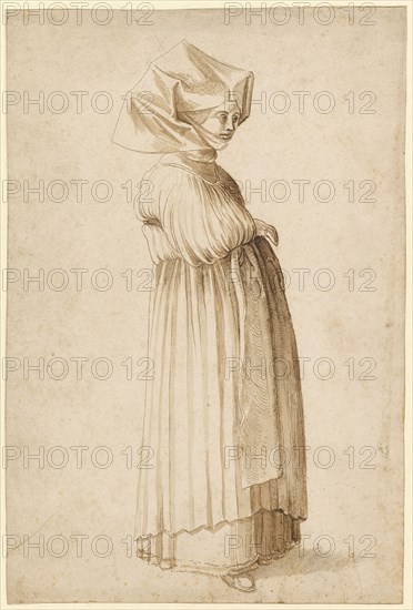 Nuremberger in church dress, feather in brown, brown washed, sheet: 30 x 20 cm, not marked, Albrecht Dürer, (Kopie nach / copy after), Nürnberg 1471–1528 Nürnberg