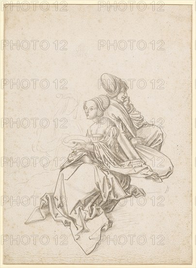 Seated couple and elderly woman, c. 1510, silver pen, on white primed paper, page: 21 x 15.3 cm, unmarked, Albrecht Dürer, (Kopie / copy), Nürnberg 1471–1528 Nürnberg, Anonym, Oberrhein, um 1510