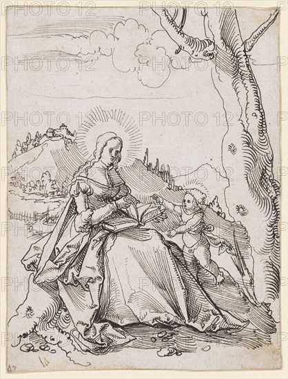 Mary with a Child in the Landscape, c. 1516, Feather in Black, Journal: 14.8 x 11.2 cm, Unsigned, Hans Leu d. J., Zürich um 1490–1531 in der Schlacht am Gubel