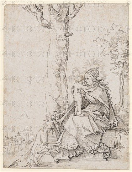 Maria with child in the landscape, 1512 or 1517, feather in black, small, Supplements with pen in brown, leaf: 20.3 x 15.5 cm, O. M. monogrammed and dated on the tree trunk: HL [lig.], .1.5.12 [or .1.5.17], Hans Leu d. J., Zürich um 1490–1531 in der Schlacht am Gubel