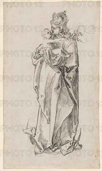 Mary with Child, standing on the crescent moon, feather in black, Journal: 28.3 x 16.6 cm, Unsigned, Anonym, Oberrhein (sog. Pseudo-Leu)