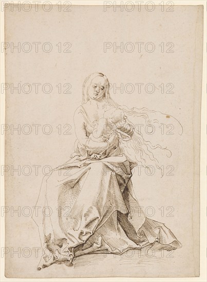 Mary with Child, Feather in Brown, Leaf: 30.5 x 21.7 cm, Not marked, Anonym, Oberrhein (sog. Pseudo-Leu)