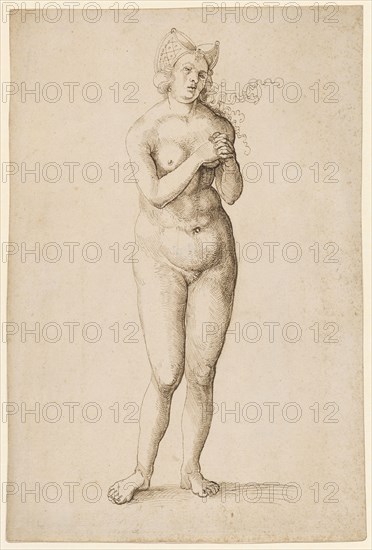 Naked woman with fantastic headdress and folded hands, feather in brown, leaf: 31.1 x 21.1 cm, not marked, Anonym, Oberrhein (sog. Pseudo-Leu)