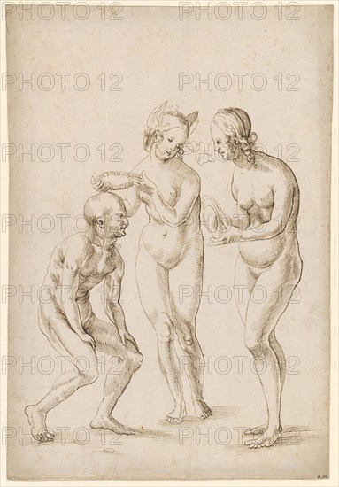 Two naked women, garlanding a man, feather in brown, leaf: 31 x 21.1 cm, unsigned, Anonym, Oberrhein (sog. Pseudo-Leu)