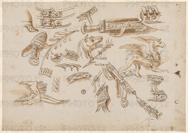 Studies on the basis of Trajan's Column, 1541/47, feather in brown, red-brown washed, sheet: 20.9 x 29.7 cm, O. r., numbered: 3, in the illustration: COLLONE, HISTORIae, u, ., r .: C, o. r., numbered with red chalk: 3, Frans Floris de Vriendt I., Antwerpen 1519/20–1570 Antwerpen