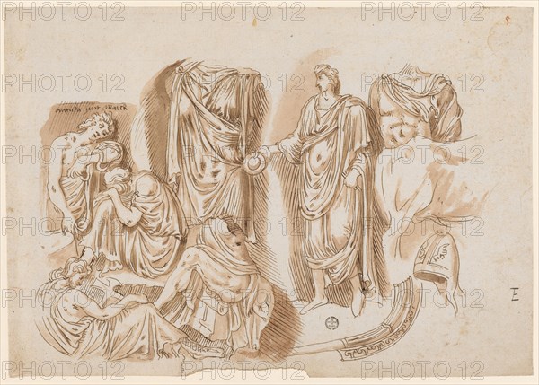 Relief fragment of an Orestes' sarcophagus, 1541/47, feather in brown, washed in red brown, leaf: 21.1 x 29.9 cm, O. l., marked: anticka sint Marck, u, ., r .: E, o. r., numbered with red chalk: 5, Frans Floris de Vriendt I., Antwerpen 1519/20–1570 Antwerpen