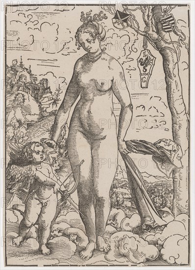 Venus and Cupid, around 1509, woodcut, leaf: 28.7 x 20 cm |, Picture: 28.4 x 20 cm, O. r., monogrammed and dated in the coat of arms: L, 1506, C, with winged serpent, Lucas Cranach d. Ä., Kronach 1472–1553 Weimar