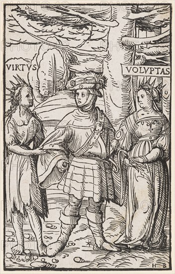 Archduke Karl between virtue and vice, 1511, woodcut (uncoloured proof), sheet: 14.4 x 9.1 cm, M. l., designated: VIRTUS, M.R .: VOLUPTAS, u, ., r., monogrammed: H B, Hans Burgkmair d. Ä., Augsburg 1473–1531 Augsburg