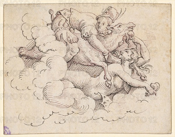 A witch flying to the right carries in clouds a young squire, riding a goat, feather in black and purple, leaf: 7.7 x 9.8 cm, unmarked, Virgil Solis, Nürnberg 1514–1562 Nürnberg