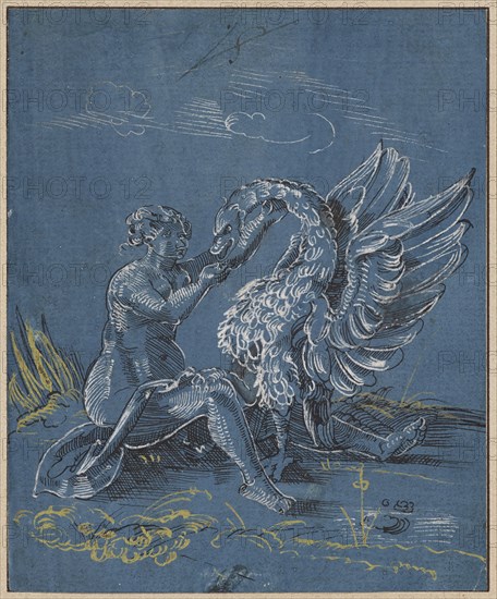 Leda with the swan, pen in black, white and yellow heightened, on steel blue primed paper, sheet: 12.9 x 10.6 cm, O. M. with pen in black monogrammed: VS [lig.], Virgil Solis, Nürnberg 1514–1562 Nürnberg