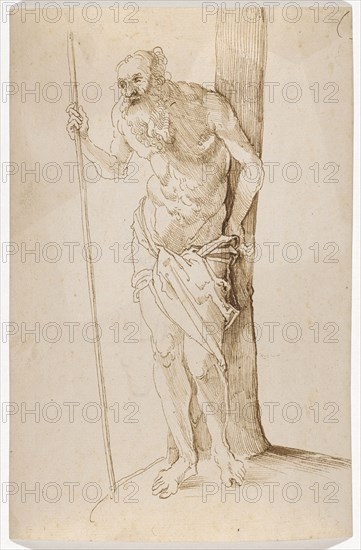 Naked man leaning against a tree, 1st half of the 16th century, feather in brown, sheet: 197/199 x 132 mm, unmarked, Anonym, Oberrhein (sog. Pseudo-Leu)