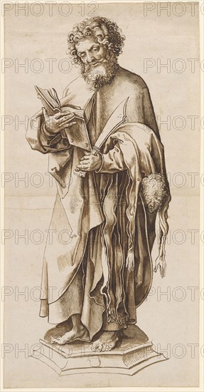 The hl., Bartholomew (statuette), 1st half of the 16th century, brown ink and brush, page: 43.9 x 22.5 cm, unmarked, Anonym, Oberrhein (sog. Pseudo-Leu)