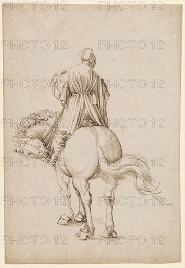 Rider in Rear View, 1st Half of the 16th Century, Feather in Brown, Sheet: 31.2 x 21.3 cm, Not Signed, Anonym, Oberrhein (sog. Pseudo-Leu)
