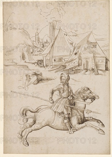 Slain peasant and jumping rider in front of a village, 1st half of the 16th century, feather in brown, page: 30.5 x 21.6 cm, unsigned, Anonym, Oberrhein (sog. Pseudo-Leu)