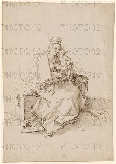 Mary with Child on Lawn Bank, 1st Half of the 16th Century, Feather in Brown, Sheets: 29.3 x 20.4 cm, Unmarked, Anonym, Oberrhein (sog. Pseudo-Leu)
