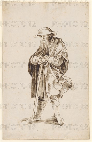 Standing bearded bearer in pilgrim's clothing, 1st half of the 16th century, feather in brown, sheet: 30.8 x 19.4 cm, unmarked, Anonym, Oberrhein (sog. Pseudo-Leu)