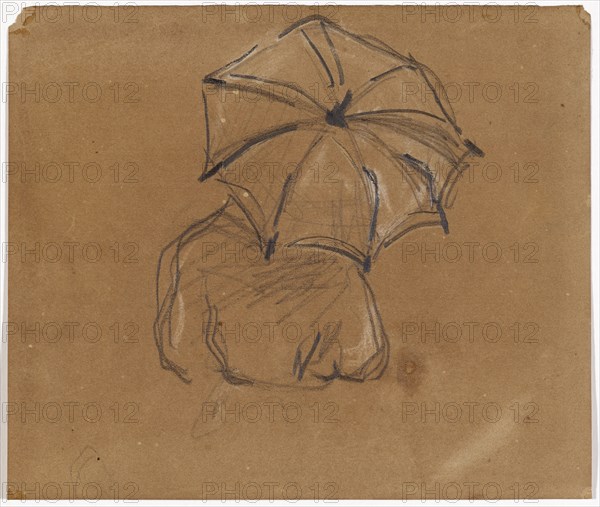 Figure with umbrella, seen from behind, 1866/69, black chalk and heights with white chalk on brown drawing paper, verso: pencil, sheet: 14.3 x 16.9 cm, on the back o. l., inscribed in pencil: Ma gracieuse Marie, Je vous aime et vous prie, De garder les mots d'écrit, Que vous envoient vos amis., Sur vos belles lèvres roses, Ce bonbon glissera bien, Il passe sur bien des choses, Sans en gâter le carmin., Ce joli bonbon rose, Si gentiment tourné, Dans une bouche rose, Serait heureux d'entrer, at the r., Edge fragment of another stanza, Paul Cézanne, Aix-en-Provence 1839–1906 Aix-en-Provence