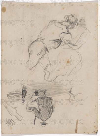 Study to the picture The orgy, painter sitting outdoors, pencil, verso: lead tit, sheet: 17.8 x 23.8 cm, not marked, Paul Cézanne, Aix-en-Provence 1839–1906 Aix-en-Provence