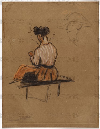Woman sitting on a bench, 1864/65, colored and chalk in black, pen and ink on brown paper, mounted on cardboard, traces of framing, sheet: 22.8 x 17.6 cm, unmarked, Paul Cézanne, Aix-en-Provence 1839–1906 Aix-en-Provence