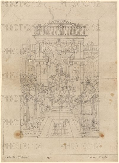 Enwurf for a middle picture with the judgment of Cambyses, feather in dark gray, remains of a preliminary drawing with black pencil, mounted, sheet: 34 x 24.7 cm |, Picture: 32.2 x 23.9 cm, U. l., monogrammed: LR [lig.], inscribed on the left: CIRVS, Ludwig Ringler, Basel 1536–1606 Basel