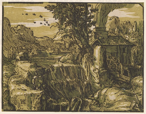 Landscape with waterfall, c. 1597/1600 (print probably 1617/20), chiaroscuro woodcut of three plates (green, light green and black), page: 11.3 x 14.7 cm, U. l., monogrammed: HG [lig.], Hendrick Goltzius, Mühlbrecht 1558–1617 Haarlem, Willem Jansz. Blaeu, Verleger, Alkmaar 1571–1638 Amsterdam