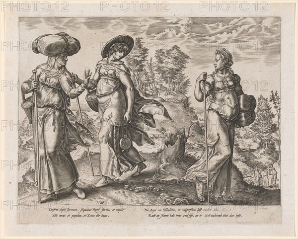 Orpas Separation of Noomi and Ruth, 1580, copperplate, plate: 21.9 x 27.8 cm |, Leaf: 24.7 x 30.6 cm, U.M. l., dated: 15.80, Deserit Arpa socrum, sequitur Ruth fortis, et inquit, Est meus et populus, et Deus illu tuus., The Arpa a Moabitin, ir swigerfraw lend, Ruth Naemi trew and cling to ir god widrumb does the best, u, ., r., numbered: 1, Hendrick Goltzius, Mühlbrecht 1558–1617 Haarlem