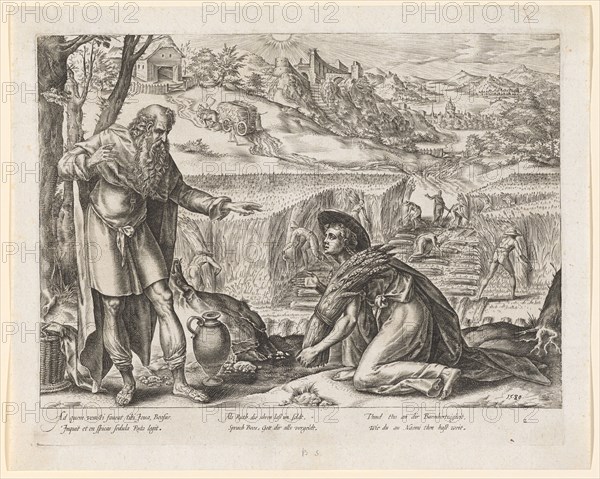 Ruth and Boas in the field, 1580, copperplate, plate: 21.9 x 28 cm |, Leaf: 24.7 x 30.9 cm, U. r., dated: 15.80 ., inscribed under the image field: Ad quem venisti faueat tibi joua, Boosus., Inquit et en spicas sedula Ruta legit., When Ruth lays her ears in the field, said Boos, God forgives you all., And thou shalt be baritous to thyself, as thou hast to Naemi than far, u, ., r., numbered: 2, Hendrick Goltzius, Mühlbrecht 1558–1617 Haarlem