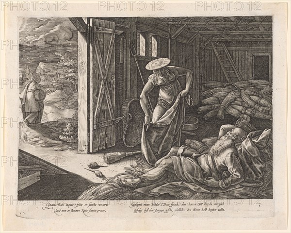 Ruth and Boas in the barn, 1580, copperplate, plate: 22 x 28 cm |, Sheet: 24.7 x 30.7 cm, L.M. on the doorstep dated: 1580, inscribed below the image field: Gnata (Boos inquit) f [a] elix et sancta vocaris, Quod non es Juvenes Ruta secuta procos., Blessed my daughter (Boos said) to the gentleman god that you have not followed, followed the boy, u, ., r., numbered: 3, Hendrick Goltzius, Mühlbrecht 1558–1617 Haarlem