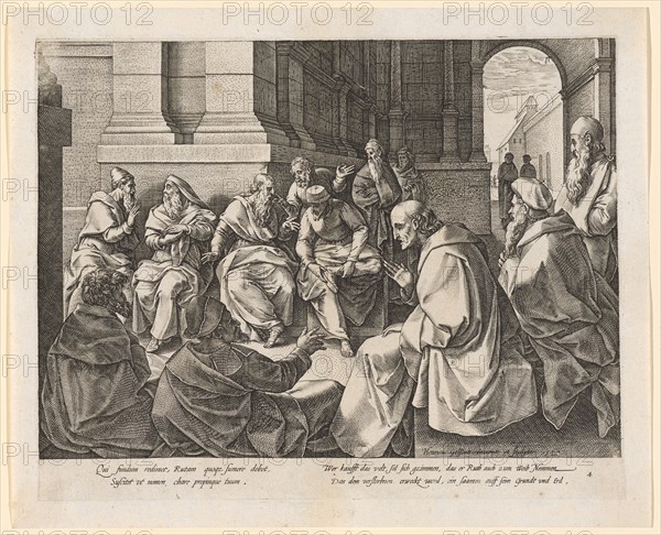 Boas with the Ten Elders, 1580, copperplate, plate: 22 x 27.8 cm |, Leaf: 24.8 x 30.2 cm, U. r., designated and dated: Henricus Golßius inuent., et sculptor 1580, inscribed below the image field: Qui fundum redimet, Rutam quoq [ue] sumere debet., Suscitet vt nomen., chare propinque tuum, Who buys the world, and marries himself, that he also arrests Ruth for a wife? That which is awakened to the dead, a seed is founded and ground, u, ., r., numbered: 4, Hendrick Goltzius, Mühlbrecht 1558–1617 Haarlem