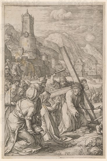 The Cross Carrying, copperplate, plate: 20.3 x 13.5 cm |, Leaf: 20.6 x 13.8 cm, U. l., numbered: 9, u, ., M. r .: monogrammed: HG [lig.], Hendrick Goltzius, Mühlbrecht 1558–1617 Haarlem